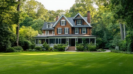 A charming mansion with a large front yard, surrounded by mature trees, perfect for real estate promotion.