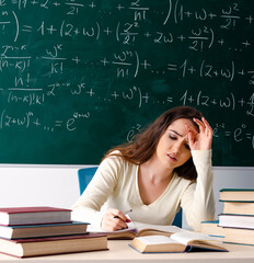 Young female math teacher in front of chalkboard