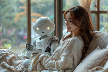 cute small robot sitting on a couch talking to happy woman, light clean environment