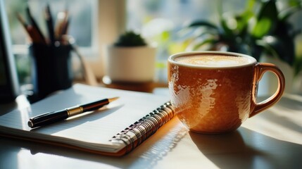 A warm cup of coffee next to a notebook and pen on a minimalist desk, representing a thoughtful coffee break