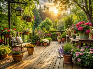 Naklejka premium Rustic wooden deck transformed into lush garden oasis with overflowing flowers, vintage metal planters, and soft morning light, epitomizing peaceful retreat