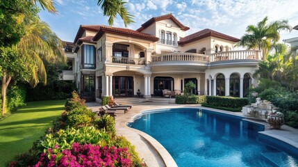 A luxurious mansion with a private pool and garden, perfect for showcasing a life of leisure and luxury.