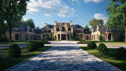 Obraz premium A majestic mansion with a sweeping driveway and elegant entrance, perfect for showcasing upscale living. -
