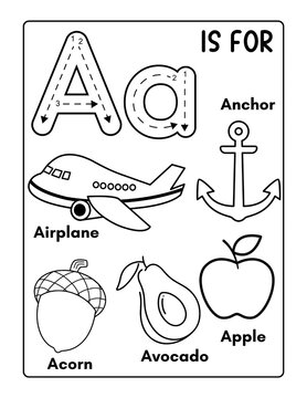 A coloring page with the text "A is for Airplane" and each letter of the words on a white background