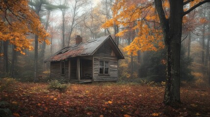 Abandoned cabin in the woods, surrounded by autumn foliage and a misty, eerie atmosphere