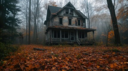 Abandoned house in the woods, surrounded by autumn foliage and a misty, haunting atmosphere.