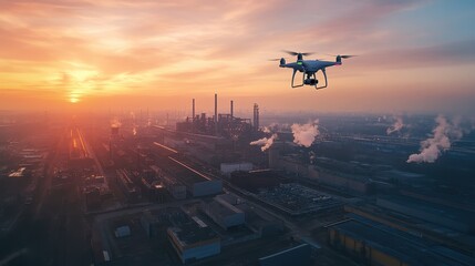 Drone Flying Over Industrial Complex at Sunset.