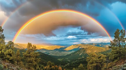 Double Rainbow Over Mountain Valley Landscape.