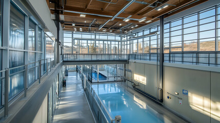 Obraz premium A water treatment facility designed for public education, with large, transparent walls that allow visitors to see the purification process in action