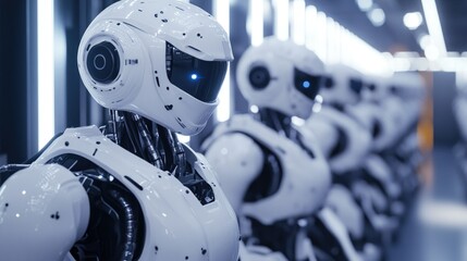 Fototapeta premium Autonomous robots performing complex tasks in a high-tech factory, showcasing the future of manufacturing.