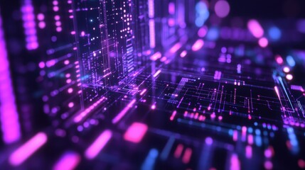 Obraz premium Abstract Purple and Blue Neon Lines and Glowing Dots on Dark Background - Futuristic Digital Technology Concept