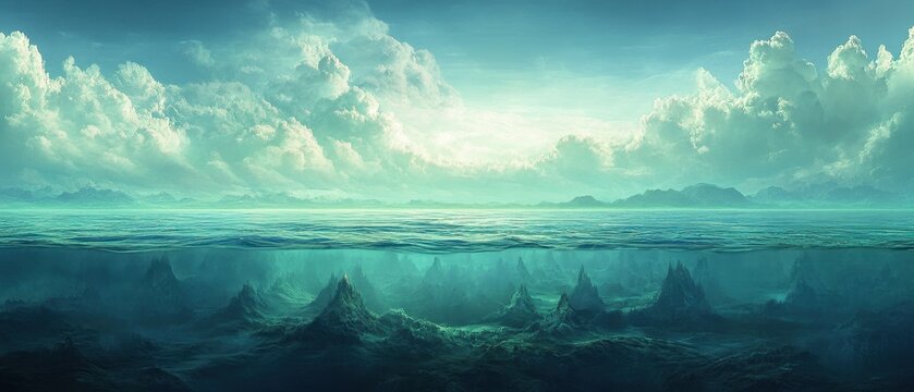 Surreal Underwater Landscape with Mountains and Clouds - Digital Art.