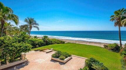 Naklejka premium Beautiful beachfront property with a private garden and ocean view, offering an inviting setting with copy space.