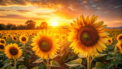 Obraz premium Sunflowers glowing in the warm sunset light, creating a golden field of hope and beauty in nature