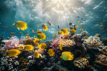 Fototapeta premium Coral reef teeming with vibrant fish in a breathtaking underwater scene