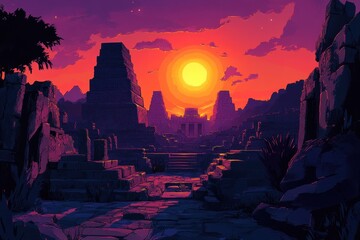 Ancient Ruins Underneath a Fiery Sunset Sky