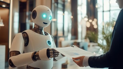Human Handing Document to Robot - AI Technology, Business, Future Concept.