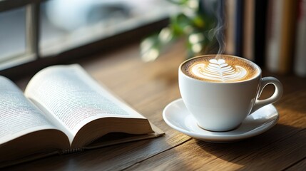 Cozy coffee break with a steaming cup of cappuccino and a book on a wooden table, perfect for relaxation.