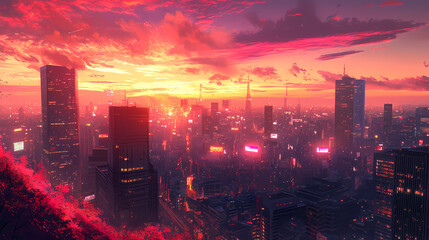 Fototapeta premium Cozy Sunset Cityscape in Anime Manga Art Style with Stunning Sky and Clouds