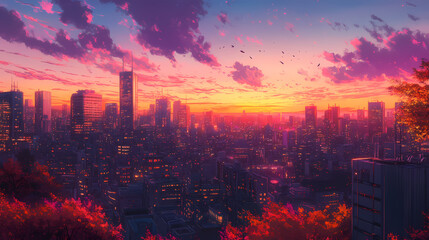 Obraz premium Cozy Sunset Cityscape in Anime Manga Art Style with Stunning Sky and Clouds