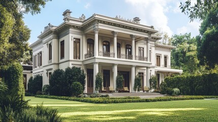Obraz premium Elegant mansion with a classic facade and lush greenery, providing a serene setting with room for copy space.