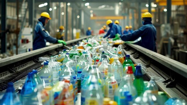 Workers wearing uniforms and helmets sorting plastic bottles in a recycling facility. They are separating them on a conveyor belt in a plant
