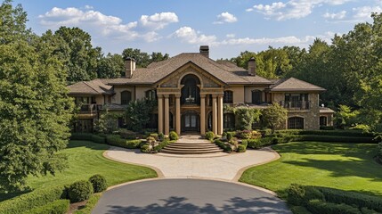 Obraz premium Expansive mansion with a grand entrance and circular driveway, perfect for upscale living.
