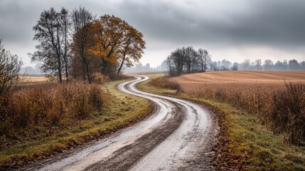 Fototapeta premium Gloomy autumn day in the countryside, with a dirt road winding through leafless trees and fields.