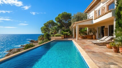Fototapeta premium Luxury European beach villa with a private pool and stunning sea views, offering a relaxing setting with copy space.