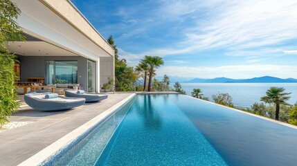 Fototapeta premium Luxury European beach villa with a private pool and stunning sea views, offering a relaxing setting with copy space.