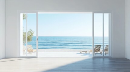 Obraz premium Oceanfront beach house with large glass doors opening to the sea, with space for text in the foreground.