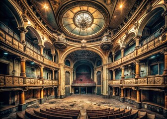 Fototapeta premium Abandoned historic opera house dimly lit eerie atmosphere faint whispers of past performances worn ornate details.