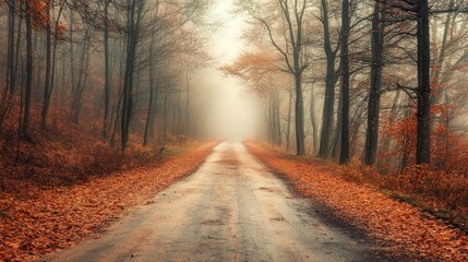 Obraz premium Lonely autumn road disappearing into the fog, with leafless trees lining the edges and a sense of solitude.