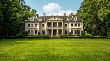 Obraz premium Stunning mansion with a grand facade and expansive front lawn, offering a serene setting for text overlay.