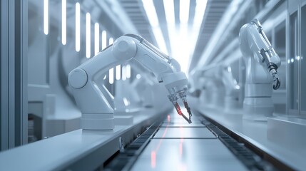 Mechatronic system controlling an automated assembly line, with robots performing tasks with high accuracy.