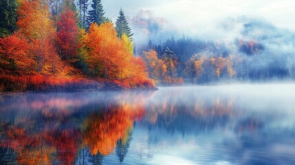 Fototapeta premium Misty autumn morning by a lake, with fog rolling over the water and colorful trees lining the shore.