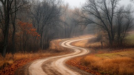 Fototapeta premium Moody autumn landscape with a winding dirt road leading through a forest of bare trees.