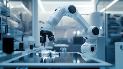 Robotic arm in a cleanroom environment, assembling medical devices with high precision and cleanliness.