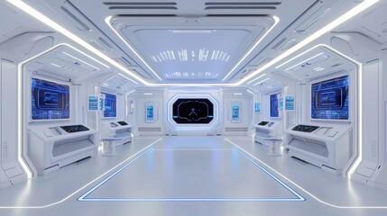 Futuristic Spaceship Interior with White Walls  Blue Lights and Screens