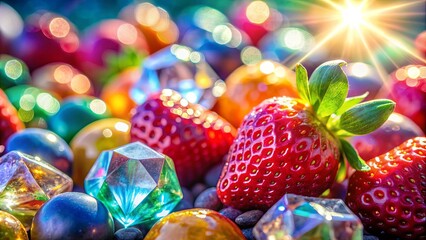 A vibrant close-up of gemstones and ripe strawberries shining in the sunlight