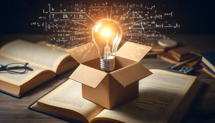 A light bulb symbolizing creativity or new ideas glows from a small cardboard box placed on top of a book.