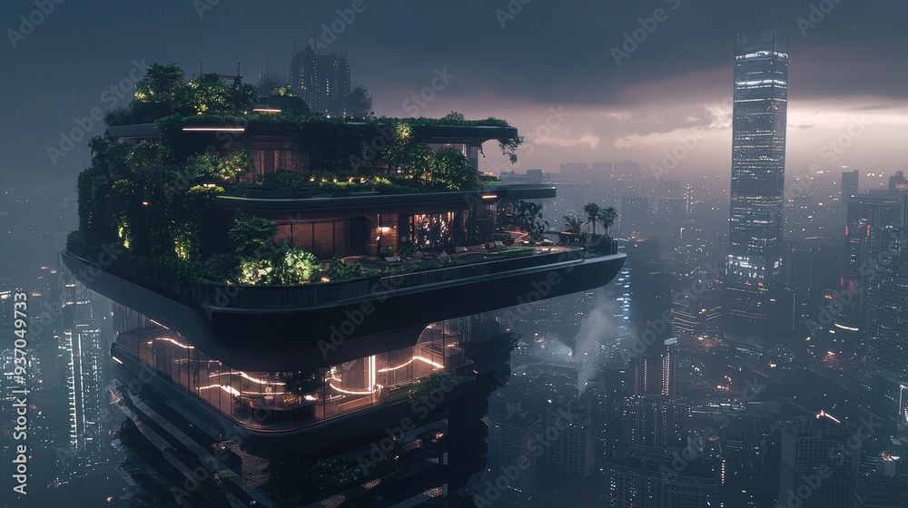 Poster futuristic rooftop garden cityscape with rain