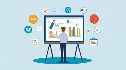 Crafting Digital Marketing Strategies: Marketing Manager Presenting Brand Promotion Plan with Social Media and Analytics Icons on Whiteboard