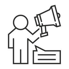 People with megaphone outline icon, showing marketing outline icon, minimalist vector illustration and transparent graphic element. Isolated on white background