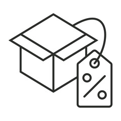 Box with discount tag outline icon, showing marketing outline icon, minimalist vector illustration and transparent graphic element. Isolated on white background