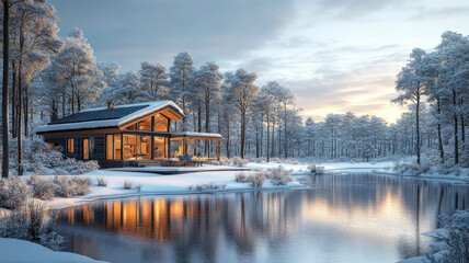 Fototapeta premium A serene winter getaway in a sustainable cabin, blending eco-friendly practices with nature, under a clear, crisp sky.