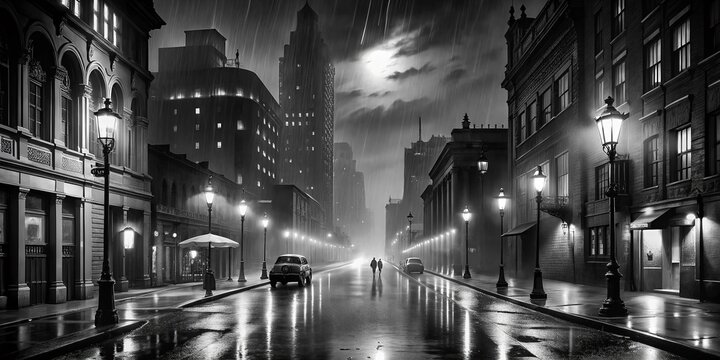 captivating intimate moody film noir cinematic dark mysterious low key shadowy rainy night urban cityscape melancholic nostalgic classic mono