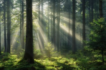 Obraz premium Tranquil Forest Haven with Golden Rays