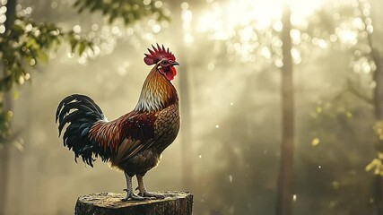 A majestic rooster stands atop a stump, its vibrant and colorful plumage gleaming against a softly blurred background with twilight bokeh