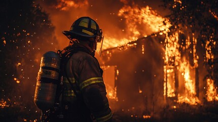 firefighter in full gear battling intense flames from a burning building at night, copy space 